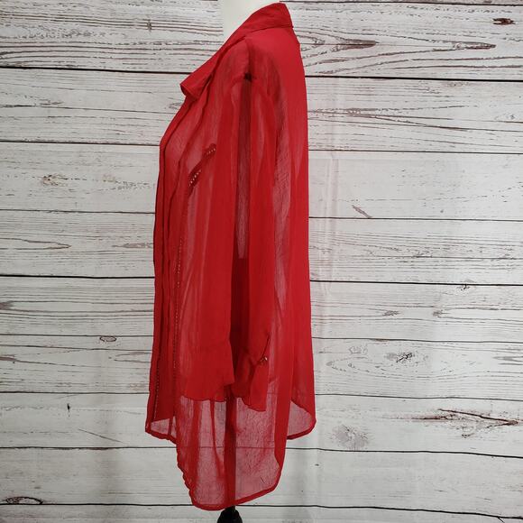 Maggie Barnes Red Sheer Ruffle Sleeve Pleated Light Textured Top Size 2X - Picture 3 of 13